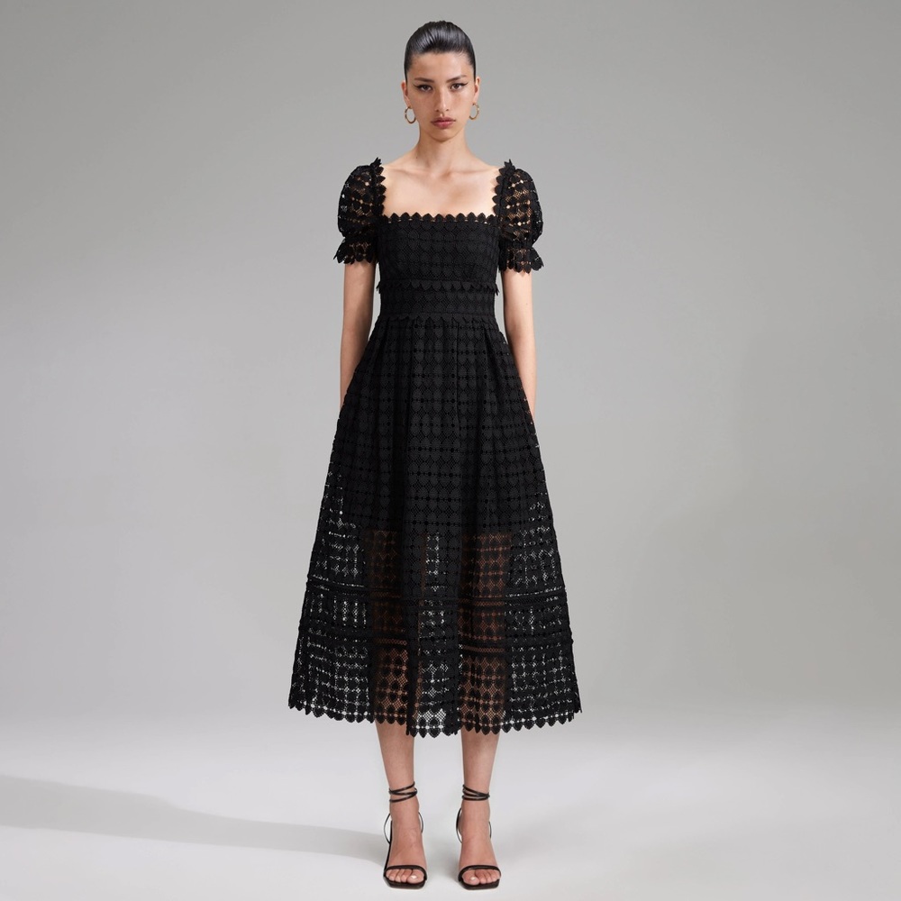 Self-Portrait Black Hearts Lace Midi Dress with Puff Sleeves Size 4
